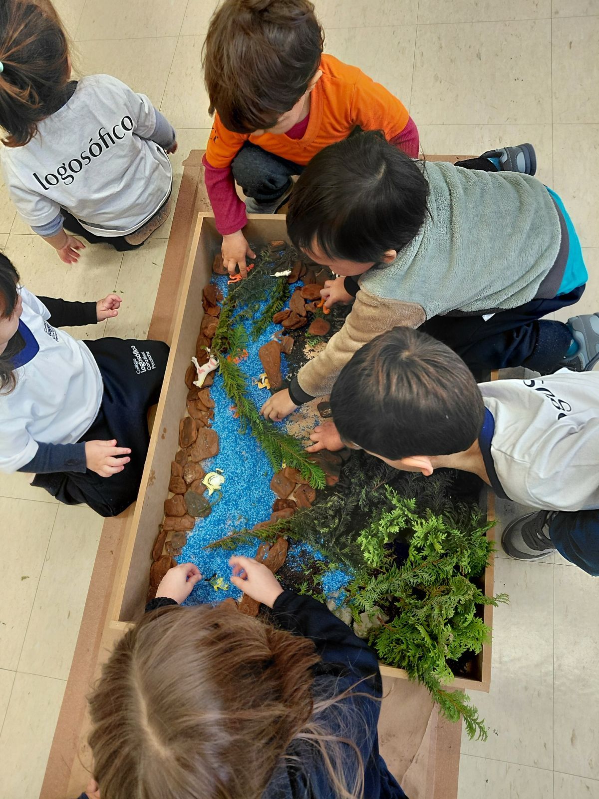 Crianças montando juntas um rio com areia azul, pedras e plantas