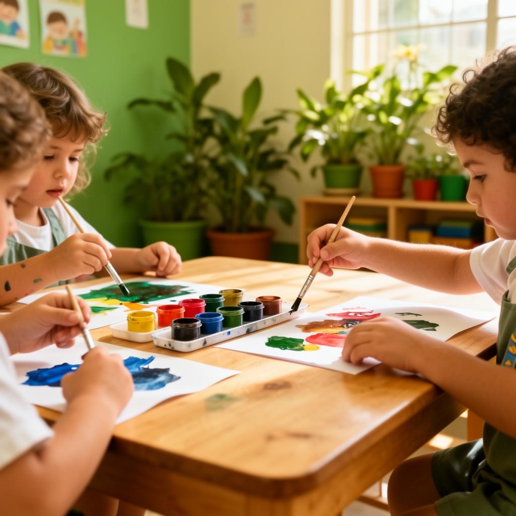 Crianças pintando com aquarela em sala iluminada
